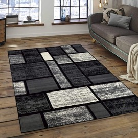 Modern Grey Area Rug Carpet Geometric Boxes Bricks Blocks Pattern (5’ 3” X 7’ 5”)