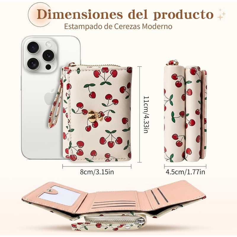 Cartera para Mujer Pequeña Bifold Compacta con Cremallera,Cereza
