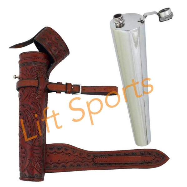 Lift Sports Saddle Hip Flask Stainless Steel Original Leather Case Baton Fox Hunting Horse