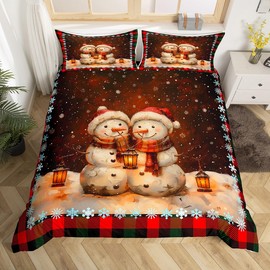 Cartoon Snowman Duvet Cover Set Queen Size,Geometric Grids Patchwork Bedding Set,Boys Girls Room Decor,Christmas Winter Snowflake Comforter Cover,Red White Quilt Cover,2 Pillowcases(No Comforter)