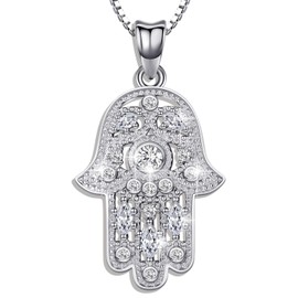 Aniu 925 Sterling Silver Necklace for Women, Hamsa Hand of Fatima Evil Eye Pendant with Cubic Zirconia, Comes with Black Jewelry Gift Box and 18 Inch Chain