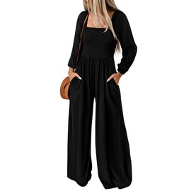 KIRUNDO Women's 2024 Fall Long Sleeve Jumpsuits Casual Dressy One Piece Loose Smocked Wide Leg Pants Romper With Pockets (Black, Large)
