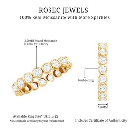 Rosec Jewels Certified Moissanite Eternity Ring, D-Vs1 Quality, Bezel Set Moissanite Wedding Band in Yellow Plated Silver - Ready To Gift, Yellow Gold Plated Silver, Size:US 5.00