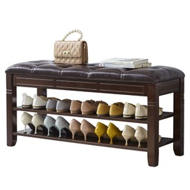 LEILISI Shoe Bench, Storage Rack Organizer with Cushion 2 Tier Lift Top Shoe Rack for Entryway Living Room Bedroom Hallway Wooden Furniture (Brown, 39.4'')