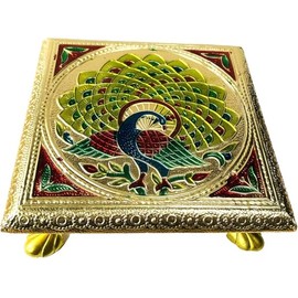 AARNAV 6" x 6" Handcrafted Low Table Bajath Bajot Chowki For God Temple or Lamp or Vase or Hindu Puja Brass Minakari Table (Brass Minakari 6"x6")