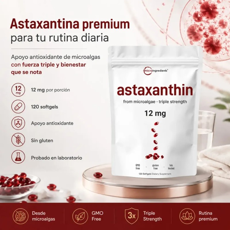 Astaxantina 12mg 120 Cápsulas Blandas Antioxidante Sin Sabor