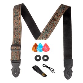 AZOR Guitar Strap with Pick Pocket for Acoustic Electric Guitar Bass, Vintage Woven Guitar Strap Adijustable,Genuine Leather Ends,with Strap Button 1 Pair Strap Locks and 3 Guitar Picks(21041)