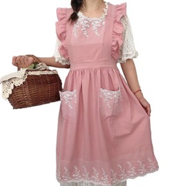aromm Cute Cotton Apron Frilly Lace Ruffle Adjustable Pinafore Apron Dress with Pockets for Cooking Baking Cleaning Gardening, Pink, One Size