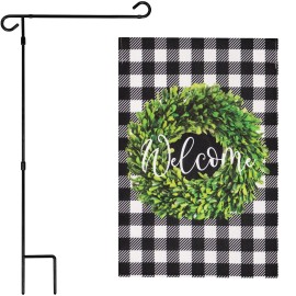 UD_G128 Combo Pack: Garden Flag Stand Black 36 in x 16 in & Garden Flag Everyday Decoration Welcome Wreath 12"x18" Double-Sided