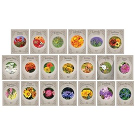 Flower Seed Set - Flower Varieties of Non-GMO & Heirloom Premium Seeds for Planting - Sunflower, Marigold, Lavender, and More! (20, Set 1)