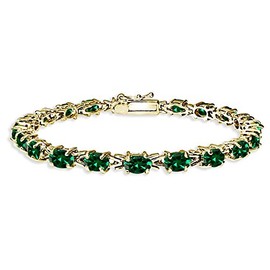 B. BRILLIANT Yellow Gold Flashed Sterling Silver Simulated Emerald 6x4mm Oval-cut Link Tennis Bracelet