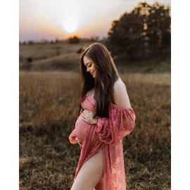 Saslax Lace Off Shoulder Doubly Split A-line Skirt Maternity Dress Soft Stretchy Pregnancy Prop Maxi Gown for Photoshoot Photography Antique Rose Small