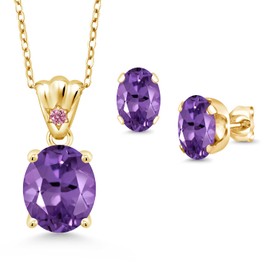 18K Yellow Gold Plated Silver Purple Amethyst and Pink Lab Grown Diamond Pendant and Earrings Jewelry Set For Women (5.54 Cttw, Gemstone Birthstone, Oval 11X9MM and 8X6MM with 18 Inch Silver Chain)