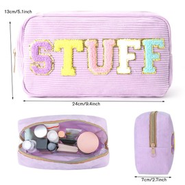 3 Pieces Preppy Patch Makeup Bag,Travel Cosmetic Bags Corduroy Portable Large Toiletry Storage Case with Chenille Letter Face Skin Stuff Zipper Daily Use Pouch for Women,Purple Pink White