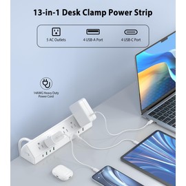 45W Fast Charging Station,Desk Clamp Power Strip,4 PD USB-C Ports,5 AC Outlets,Surge Protector Power Strip, 14AWG Heavy Duty Cord, Fits 1.9" Tabletop Edge (White, 15 FT Cable)
