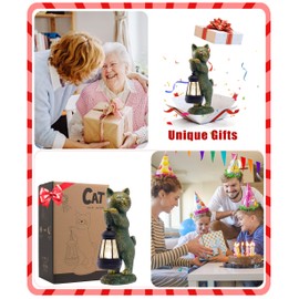 Solar Garden Statues Cat Figurine with Solar Light Outdoor Decorations for Patio Yard Lawn Ornament Outdoor Housewarming Birthday Gifts for Women Mum Grandma Copper Patina