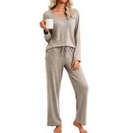 Ekouaer Pajamas for Women Set Long Sleeve 2 Piece Lounge Sets V Neck Matching Pjs Soft Sleepwear Fall Winter Khaki L
