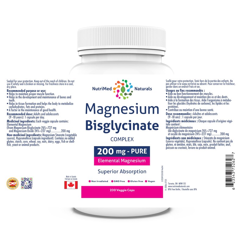 Nutrimed Naturals Magnesium Bisglycinate 200mg - 230 Caps for Muscle