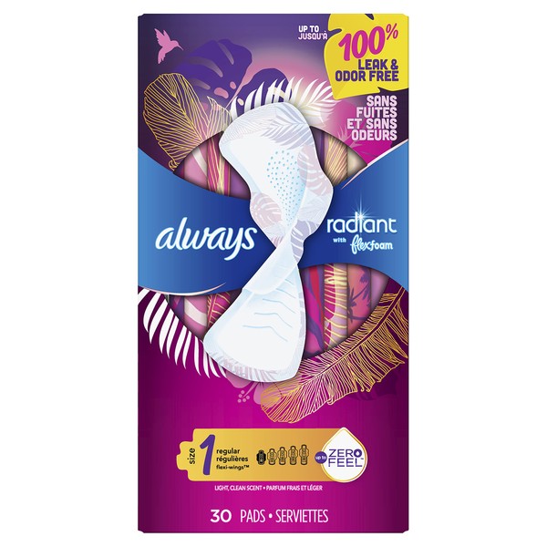 Always Radiant Feminine Pads For Women, Size 1 Regular Absorbency, With Flexfoam, With Wings, Scented, 30 Count