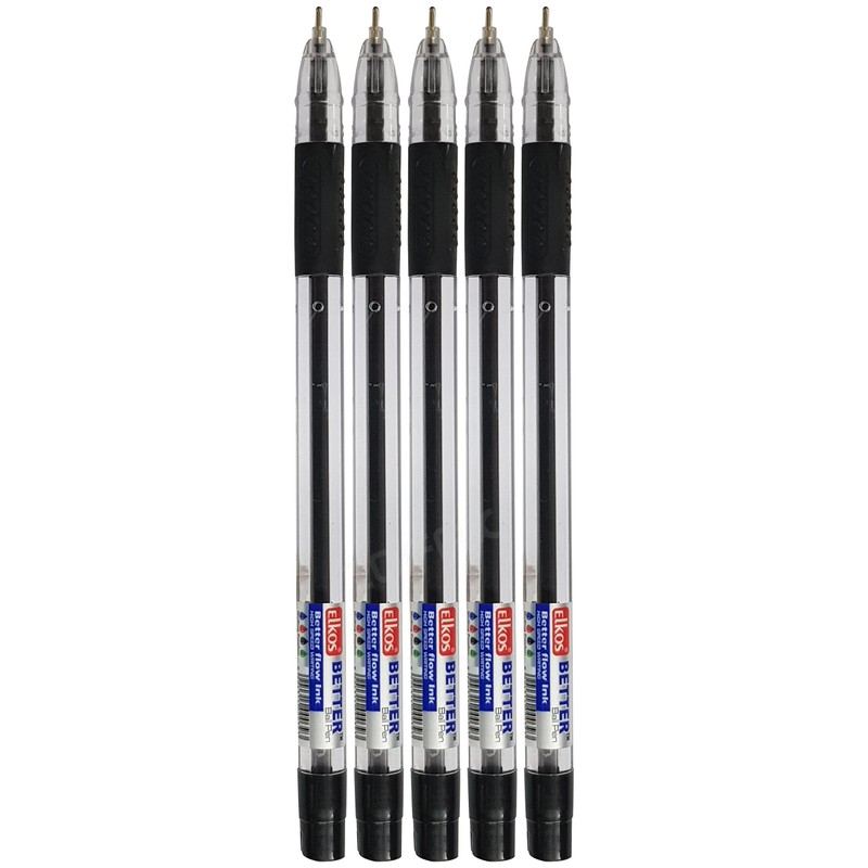 ELKOS BLACK Ballpoint Pens, 0.7mm Fine Point, Pack of 5,