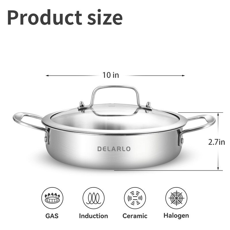 DELARLO Tri-Ply Stainless Steel 3QT Saute Pan With Lid, 12