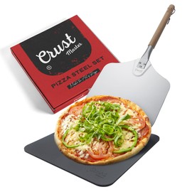 Crust Master Pizza Steel Set - XL (1/4" Thick) Square Conductive Metal Pizza Baking Pan for Cooking Pizzas in Oven and BBQ - Perfect as Pizza Oven Accessories Kit and Pizza Tray