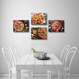 Derkymo 4 Pieces Food Canvas Wall Art Delicious Italian Pizza Served on Wooden Table Food Pictures Stretched Gallery Canvas Wraps Giclee Print for Kitchen Dinning Room Restaurant