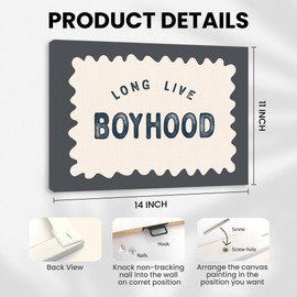 IWGDNJS Boy Nursery Long Live Boyhood Wall Art Decor, Toddler Little Boy Room Decor, Retro Grey Kids Canvas Wall Art Prints for Kids Boys Bedroom Dorm Nursery Playroom, 11x14 Inch