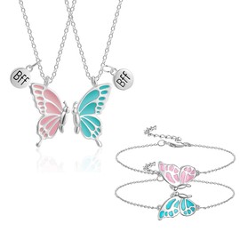 Gobfar Set of 4 BFF Butterfly Friendship Necklaces, Butterfly Bracelets Set, 2 Women Girls BFF Necklace Butterfly Jewellery Pendant and 2 Butterfly Bracelets, Gift for BFF Friends, Leather