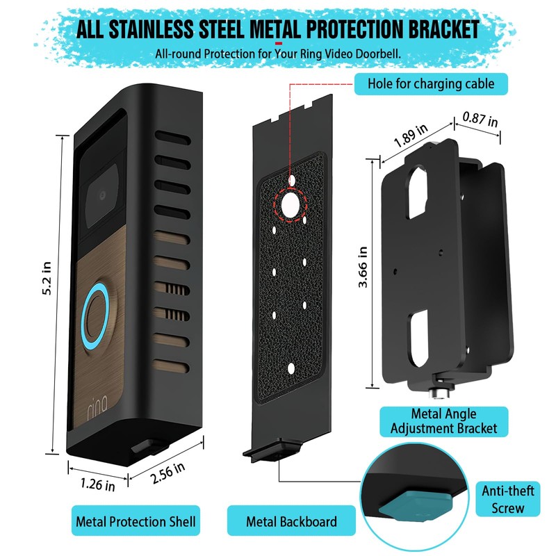 Anti-Theft Doorbell Mount with Adjustable Angle(45-135 Degrees),Upgraded Steel Metal Bracket