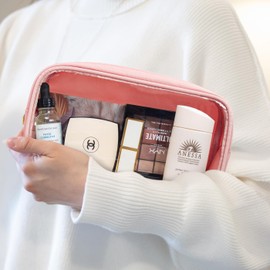 FFpaw Clear Makeup Bag, Nylon Small Cosmetic Bag Large Makeup Bag for Purse TSA Approved Toiletry Bags with Zipper Big Makeup Organizer for Women Girls (Pink Large)