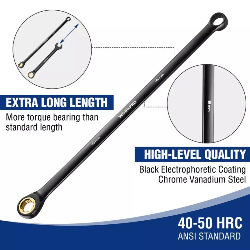 WORKPRO 10PC Extra Long Ratcheting Wrench Set 8-19mm Combination Metric