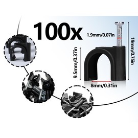 Lhbwhiz Pack of 100 Cable Clamps, Steel Nail Clips, Wall Cable Clamps Nail, Cable Clamp, Cable Fixings, Steel Nail Cable Clips, Cable Holder Round Clamp, Cable Attachment (Black, 8 mm)