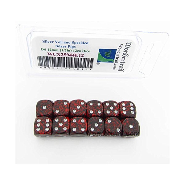 Silver Volcano Speckled Dice Silver Pips D6 12mm Pack of 12 Wondertrail WCX25944E12