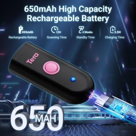 Tera Mini 1D Barcode Scanner: Pocket Waterproof Wireless Laser Scanner 3 in 1 Compatible with Bluetooth USB Wired Portable Bar Code Reader for Store Logistics Work with iOS Windows Android 1100L Pink