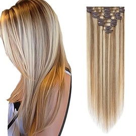 Clip in Hair Extensions Real Human Hair, 8 Pieces Hair Extensions Clip in, 22" Clip in Hair Extension Human Hair, 75g Human Hair Extensions (Thin Weft) #12P613 Golden Brown mix Bleach Blonde