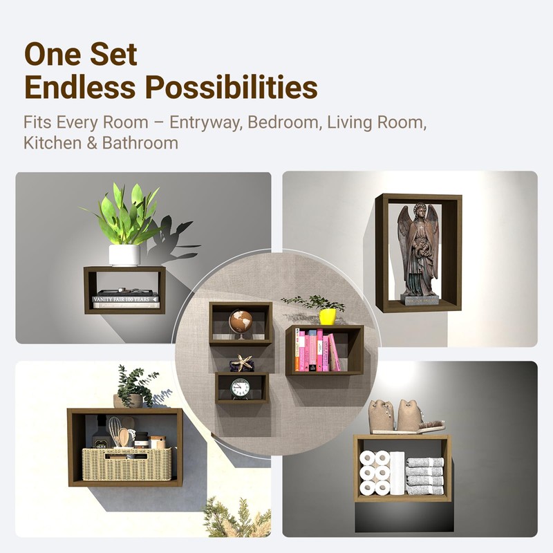 CANCHIC Floating Cube Shelves Set of 3, Black Walnut Decorative