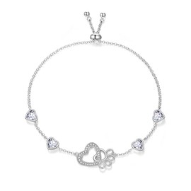 KZX Paw Bracelet for Women 925 Sterling Silver Dog Cat Paw Heart Bracelets Adjustable Pet Lover Jewelry Gifts