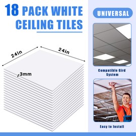 Frienda 18 Pcs Drop Ceiling Tiles PVC Smooth Ceiling Panel Easy Drop in Installation for Waterproof Washable and Fire Rated to Prevent Breakage (2ft X 2ft,White)