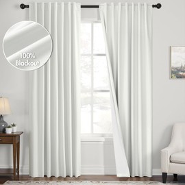 ANRODUO White 100% Blackout Linen Curtains 108 Inch Length 2 Panels, Back Tab/Rod Pocket Blackout Curtains Full Black Out Thermal Curtain for Summer Heat, Farmhouse Room Darkening Curtain Bedroom