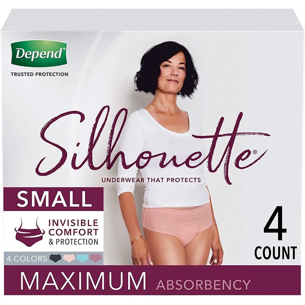 Depend Silhouette Incontinence and Postpartum Underwear for Women, Maximum Absorbency, Disposable, Small, Pink/Black/Teal/Berry, 4 Count
