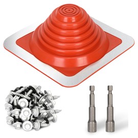 #3 Metal Roof Pipe Flashing Boot, Flexible Silicone High Temp Roof Boot Kit Fits Pipe OD 1/4" to 5 3/4" Wide, Includes Square Base Roof Jack Pipe Boot, Hex Socket x2, Roofing Screw 50 PCS, Red, 1 Pack