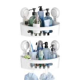 TAILI Shower Shelf No Drilling, Adjustable Corner Shower Caddy Suction Cup Set of 2 Shower Accessories with Hooks Rustproof Black Shower Shelf Organiser (Black-3)