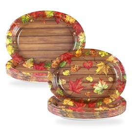 50Pcs Fall Oval Paper Plates 10"x12" Large Wood Grain Maple Leaf Plates Disposable Heavy Duty Thanksgiving Platter for Fall Thanksgiving Party Decoration Autumn Holiday Harvest Festival Party Supplies