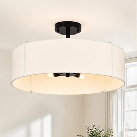 PUMING 19.7" 5-Light Black Drum Chandelier with Modern White Linen Shade
