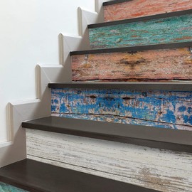 funlife 14 PCS Self Adhesive Stair Stickers, Peel and Stick Vinyl Stair Risers Staircase Murals Decals Sticker Decor for Steps, 39.37"x7.09", Faux Weathered Color Wood