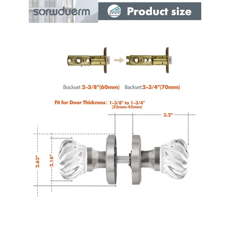 SORWDUERM 1 Pack Crystal Door Knobs Nickel Door Knob Brushed