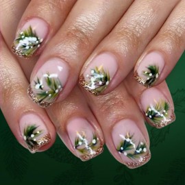 Christmas Press on Nails Short Square Fake Nails with Glitter French Tip Design Christmas Tree Nails Press ons Glossy Full Cover Pink Glue on Nails Winter Xmas Holiday Nail for Women 24Pcs
