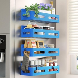 Sevenblue 4-Pack Magnetic Spice Rack for Refrigerator with Hooks, Blue | Strong multipurpose magnetic shelf for kitchen & bathroom organization. Includes