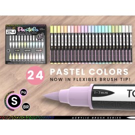 TOOLI-ART 24 Flexible Brush Tip Acrylic Paint Pens Markers Set 1-7mm(PASTEL)